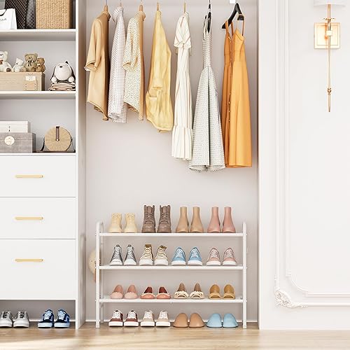 Miniatura 8 de Zapatero de 3 niveles de 33 pulgadas de ancho, organizador de zapatos de metal largo con 4 ganchos laterales, estante resistente para zapatos