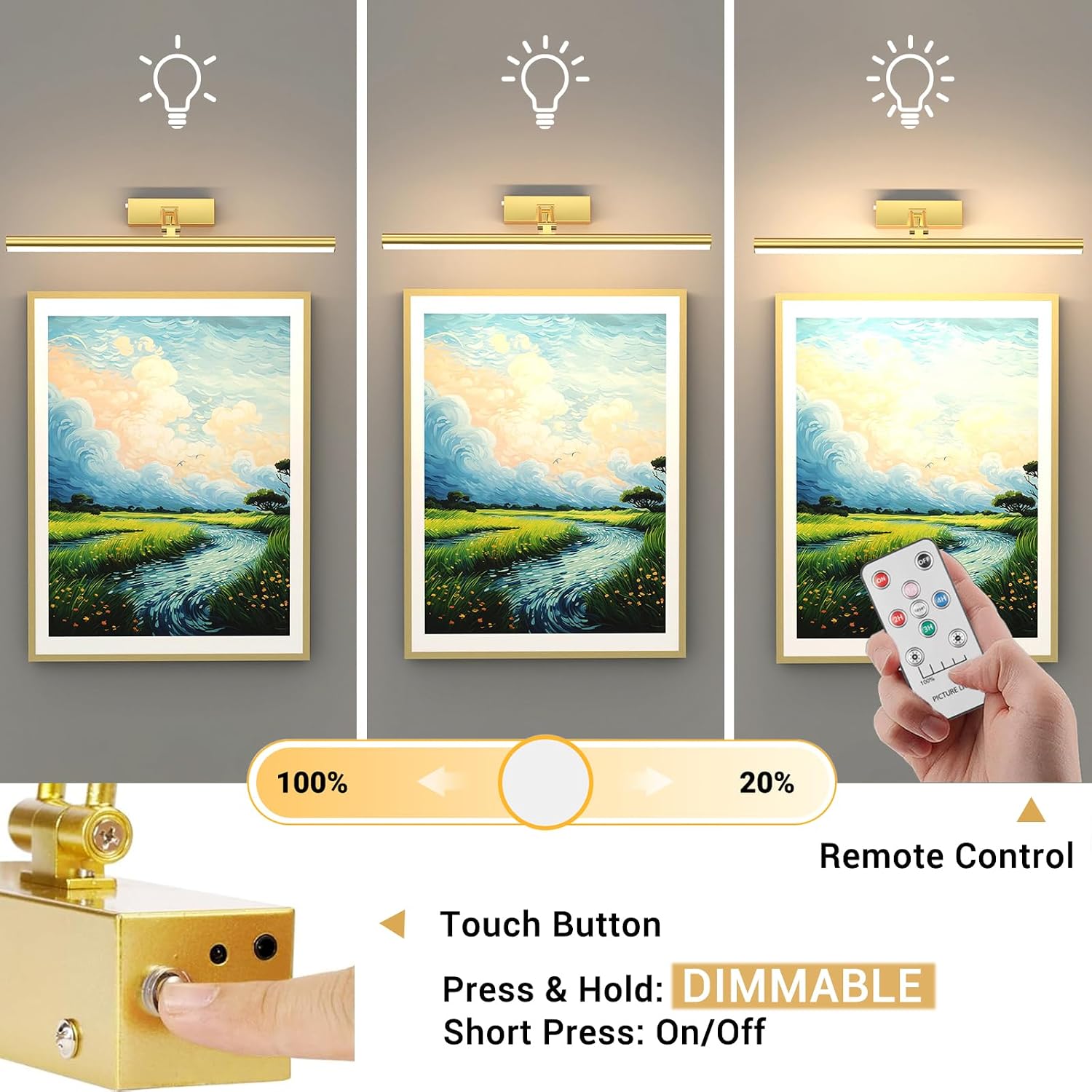 Mocalido 2 Pack Gold Picture Light Battery Operated for Wall 16in, 6 Colors Wireless LED Art Light for Painting with Remote, 5200mAh Dimmable Frame Lights for Gallery Library