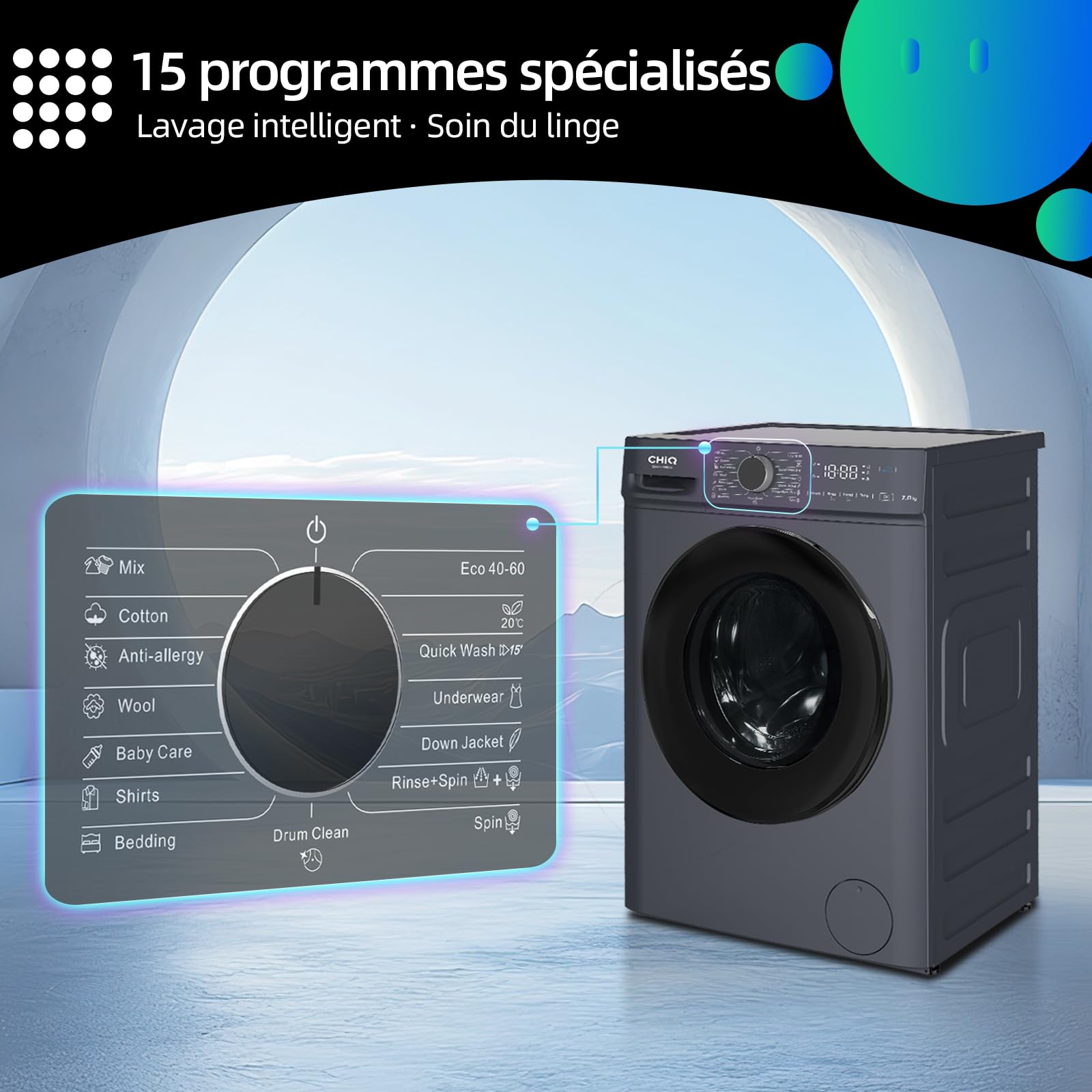 CHiQ Lave linge hublot 7kg Classe énergétique A Moteur BLDC 1200 RPM Lavage vapeur 15 programmes Design compact 60x46.5x85cm Gris