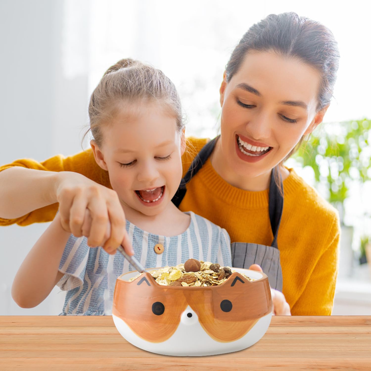 FOGARI Cuenco de cereales para niños, de cerámica, diseño de gato y zorro, fácil de limpiar, bordes lisos, resistente al calor, perfecto para desayunos y aperitivos (perrito)