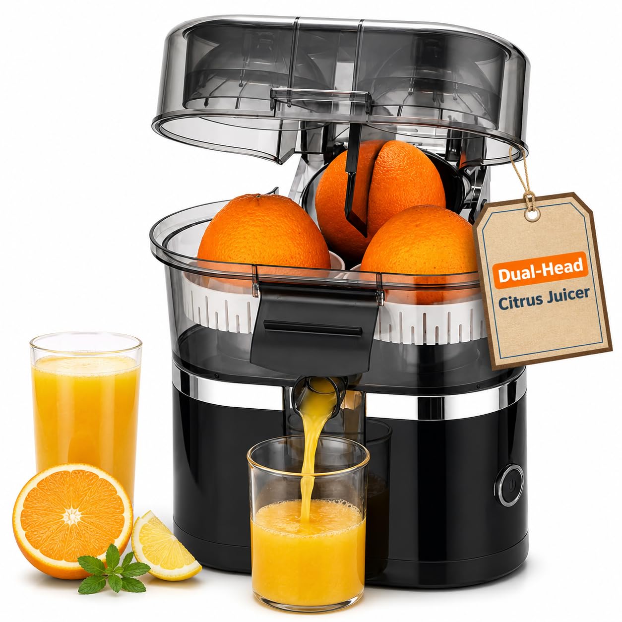 Exprimidor eléctrico de naranja y cítricos de doble cabezal, exprimidor automático de limón de 100w, motor de 18000 Rpm, fácil de limpiar, para naranja, limón y lima black