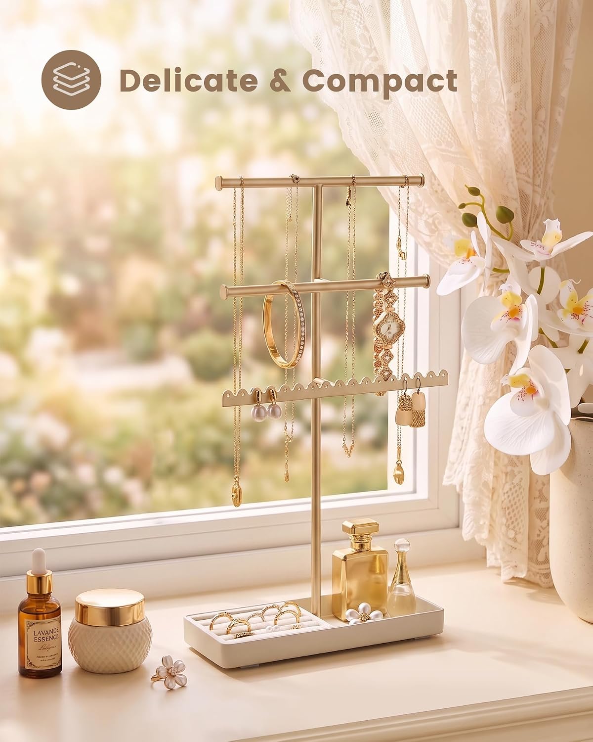 Lolalet 3-Tier Jewelry Organizer Stand, Metal Jewellery Holder, Dresser Display Rack for Necklace Earring Bracelets Rings, Gift for Women Girls -Gold