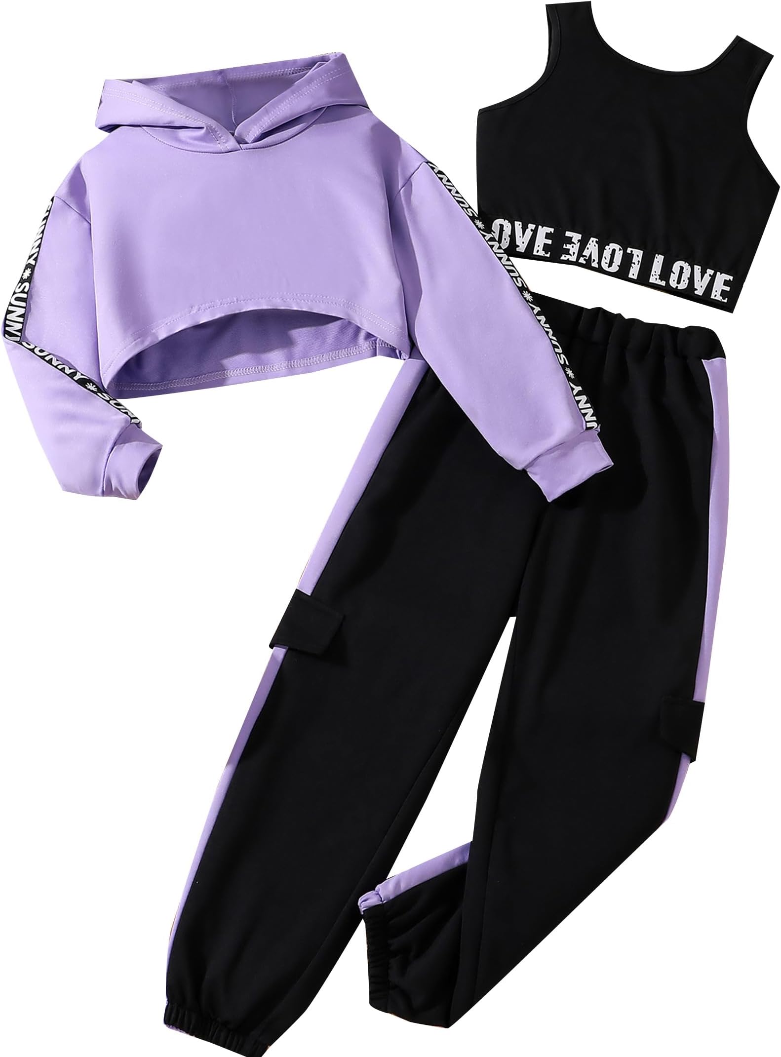 HilinkerGirls Graphic 3 Piece Outfits Workout Hoodie Crop Tank and Sweatpants Set