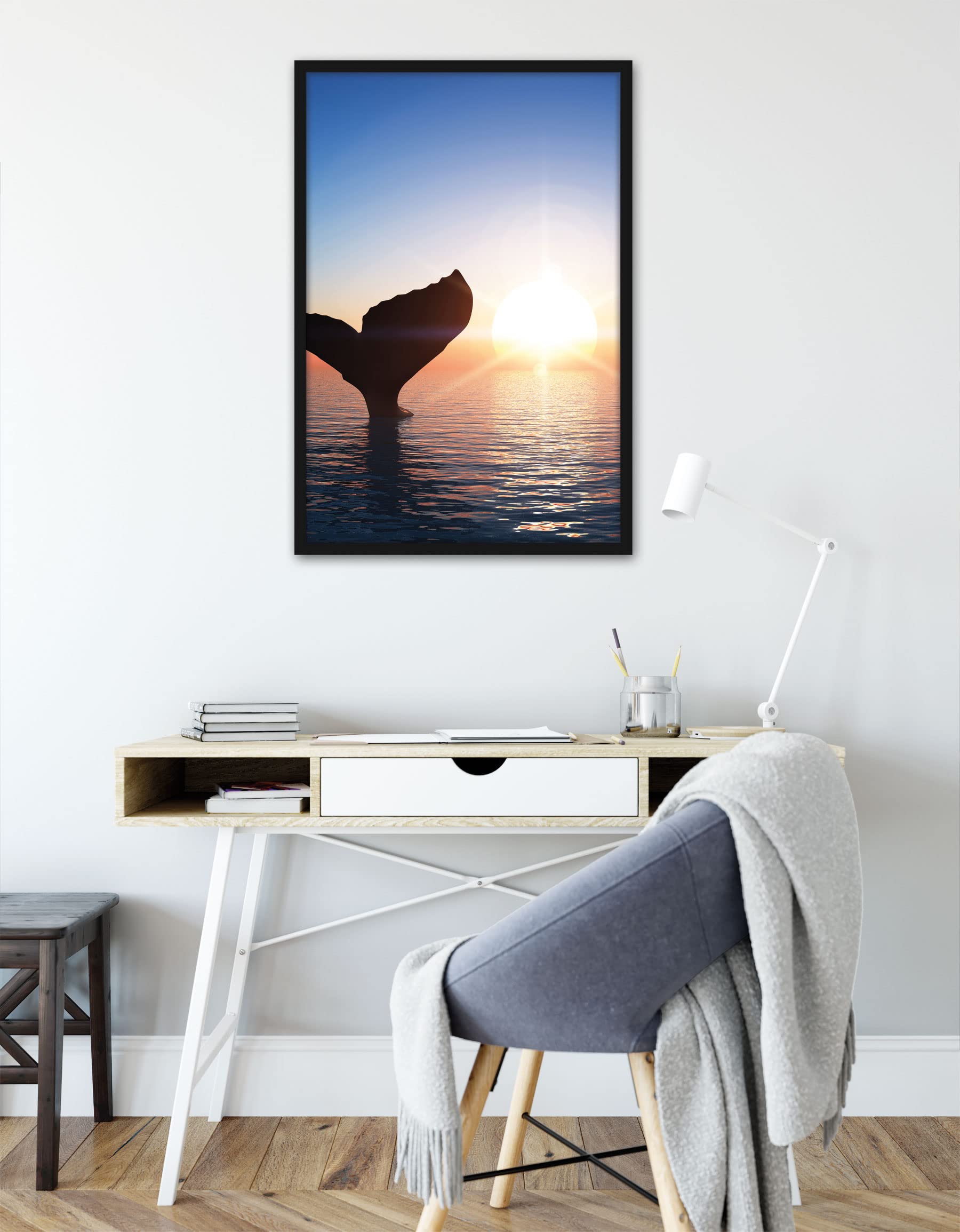 Pinna balena al tramonto, poster in cornice, formato: 80 x 60 cm, stampa artistica incorniciata