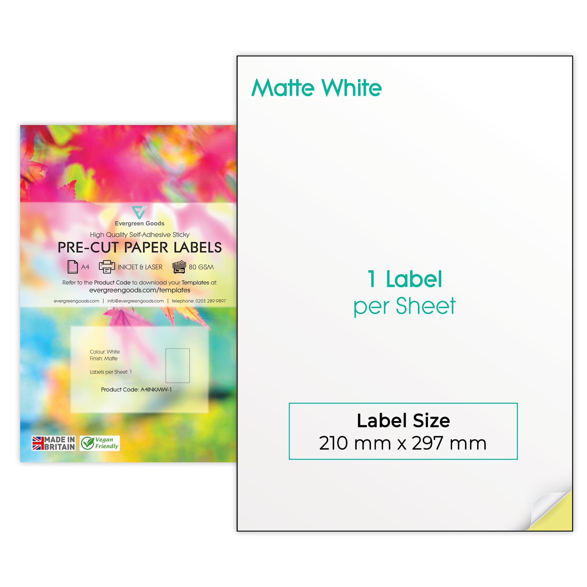Evergreen Goods A4 Sticker Labels Matte White | 100 Labels in Total - Full A4 Sheet, 100 Sheets | Inkjet & Laser Printable | Sticky-Back Self Adhesive Multi-Purpose Printing Paper