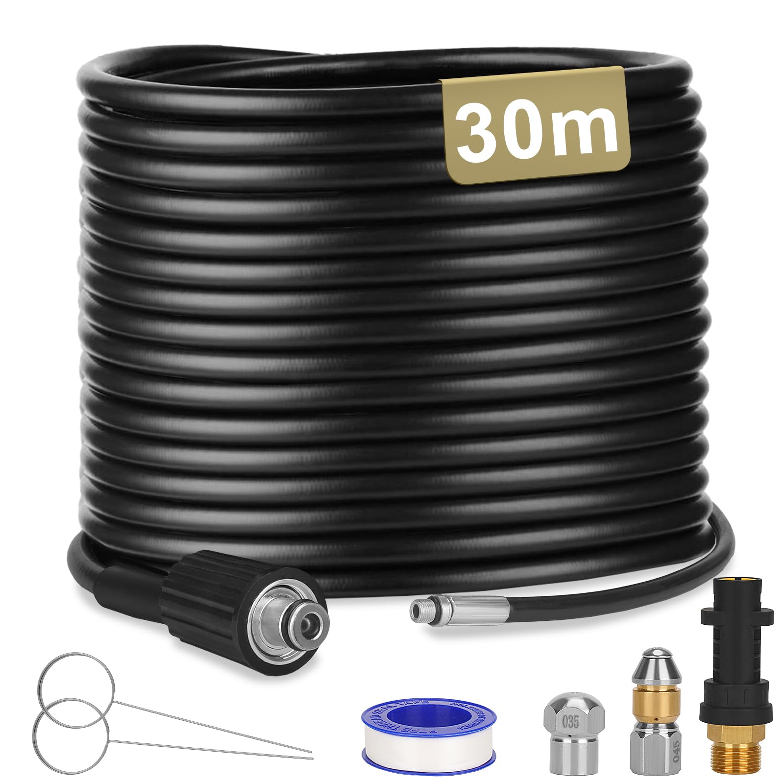 30M Drain Cleaning Hose for Kärcher Pressure Washer K2 -K7 | Con ugelli a getto e rotanti & adattatori per pulizia efficace tubi 180 Bar