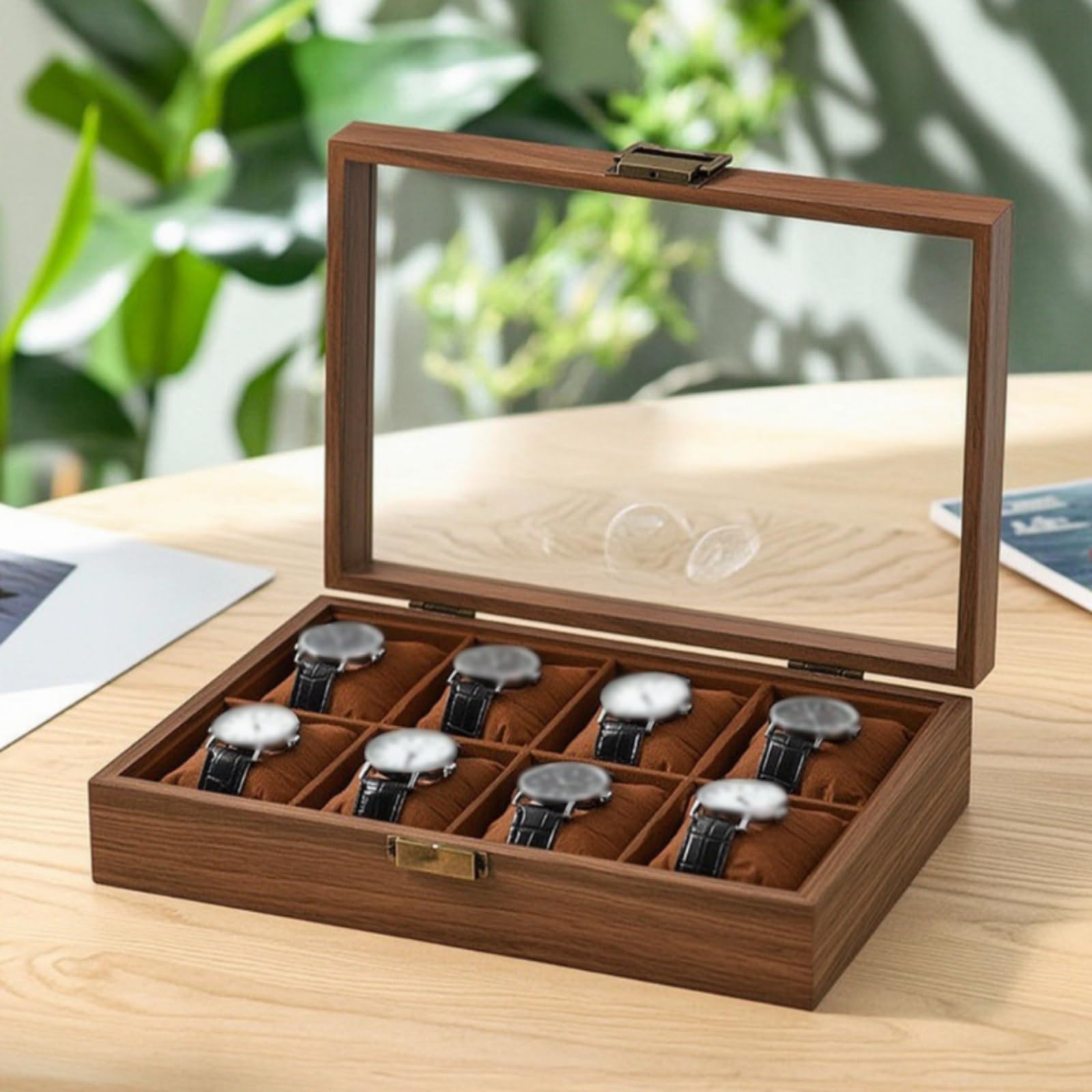 Scatola Porta Orologi Espositore Custodia Organizer Vetrina con Separati E Cuscini Morbidi Rimovibili Aspetto Caldo Protegge dalla Polvere Adatta per, 6 Orologi + 3 Occhiali