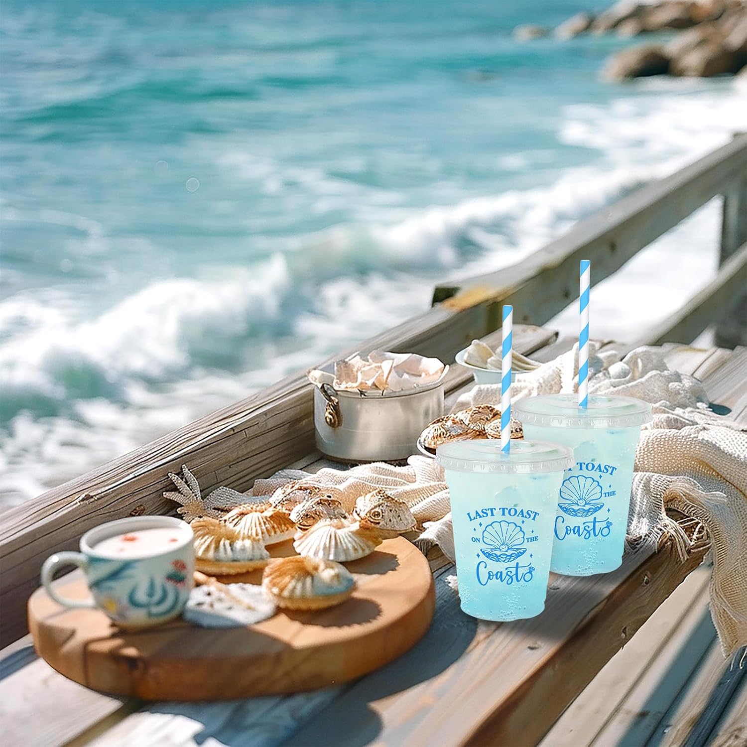 Whaline 50Pcs 12Oz Last Toast on The Coast Disposable Plastic Cups with Lids and Straws Blue Coastal Bachelorette Cold Beverage Drinking Cup for Beach Wedding Bridal Shower