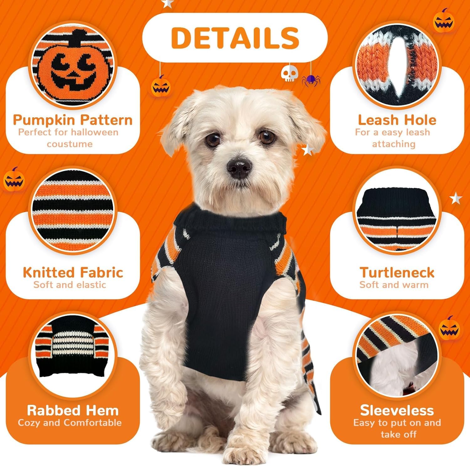 PETCARE Halloween Pet Dog Sweater Pumpkin Striped Knit Jumper Clothes For Dogs Pets Costume Holiday Party for Cat and Puppy(Striped,L) - Image 3