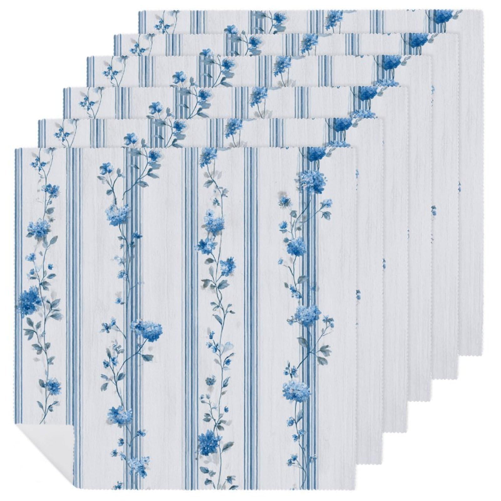 Floral Vine Stripes with Tiny Blue White Hydrangea Cloth Napkins Set of 6, Square Premium Reusable Washable Polyester Table Linen Napkin for Dinner Party