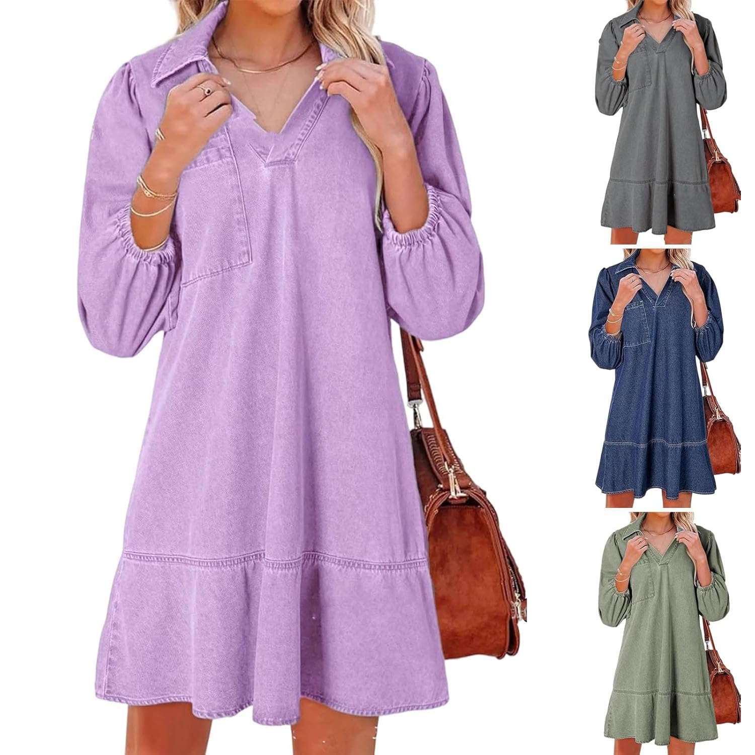 Vestido Vaquero con Capas, Cuello en V y Mangas abullonadas para Mujer, Vestidos Vaqueros con Volantes y Mangas 3/4, Vestido Vaquero Camisero Holgado de Verano con Bolsillos. (Purple,S)