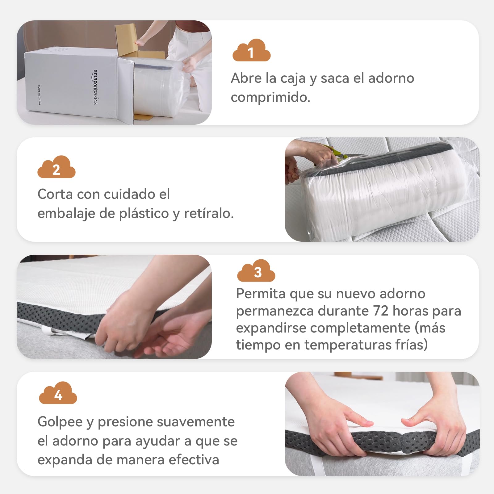 Amazon Basics Colchón de Espuma viscoelástica Topper con memoria con Funda removible y lavable, 135 x 190 cm, 4 cm, Blanco
