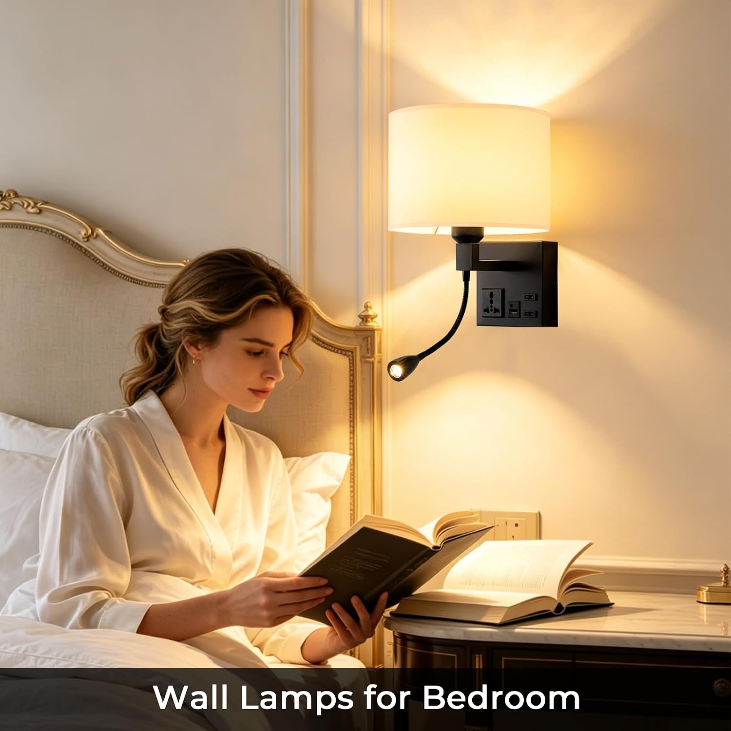 Plug in Wall Sconces with Reading Light, Wall Lamp Bulb Included | Wall Lights for Bedroom Living Room, Headboard with 3 Color Temperature, Bedside Lamp with AC Outlet & USBA+C Charging Port