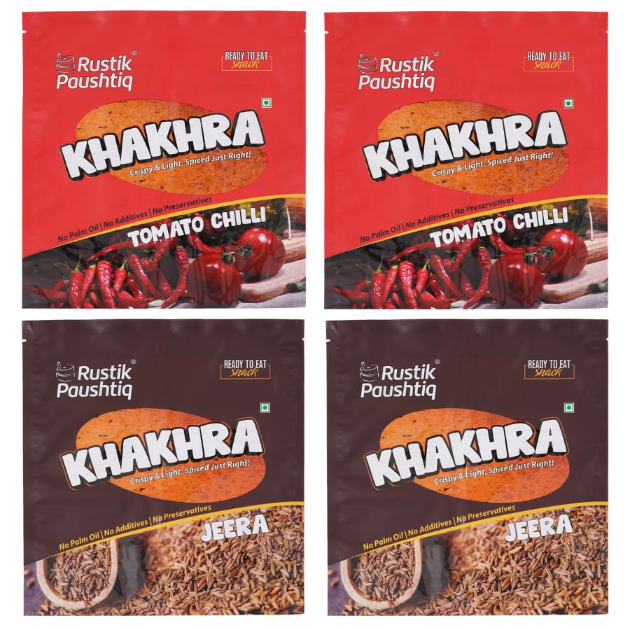 Image of RUSTIK PAUSHTIK Baked Khakhra Combo Pack - 200g x 4 Packets | 2 Tomato Chilli & 2 Jeera Flavour | Gujarati Snack | High Fiber Diet Snack | No Palm Oil | Ready to Eat Tea Time Snack | 800g