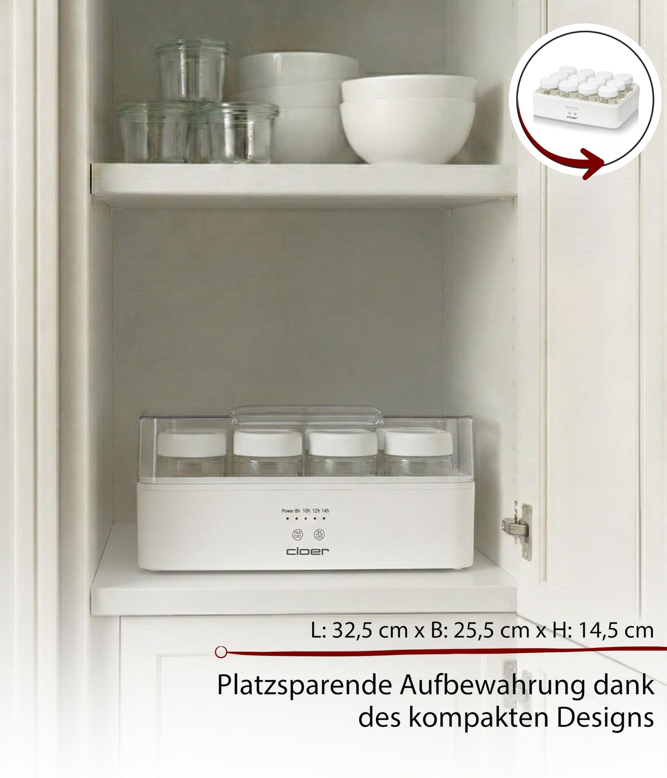 Cloer 9921 Yaourtière pour 12 pots, chacun 150 ml de capacité, pour yaourts et ferments, minuterie, 8 à 14 heures, boîtier en plastique blanc, 17 W, couvercle transparent
