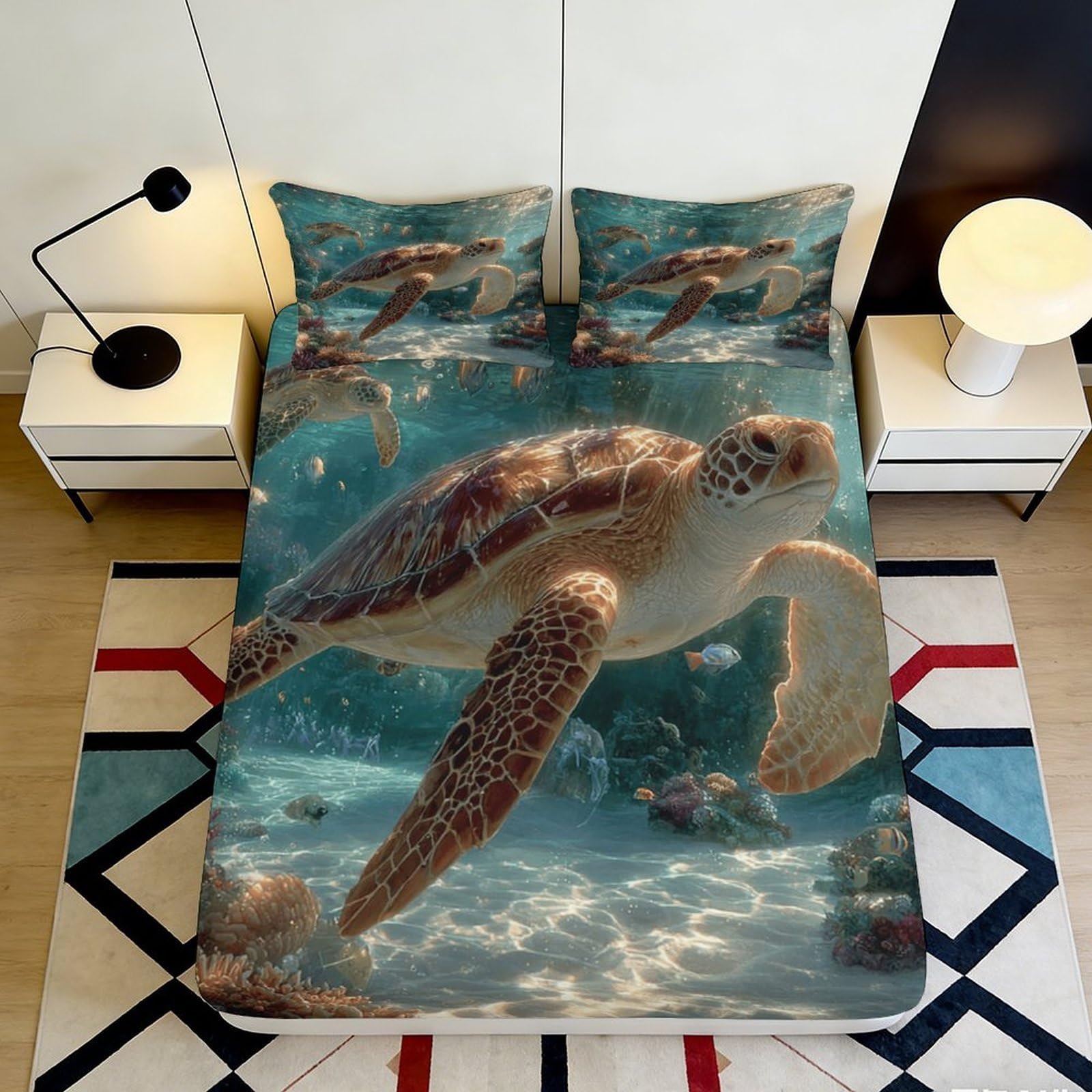 3D Printed Sea Turtle Ocean Fitted Sheet Microfiber Soft Bed Cover for Bedroom Guest Room Mattress Decor 90x200x25cm