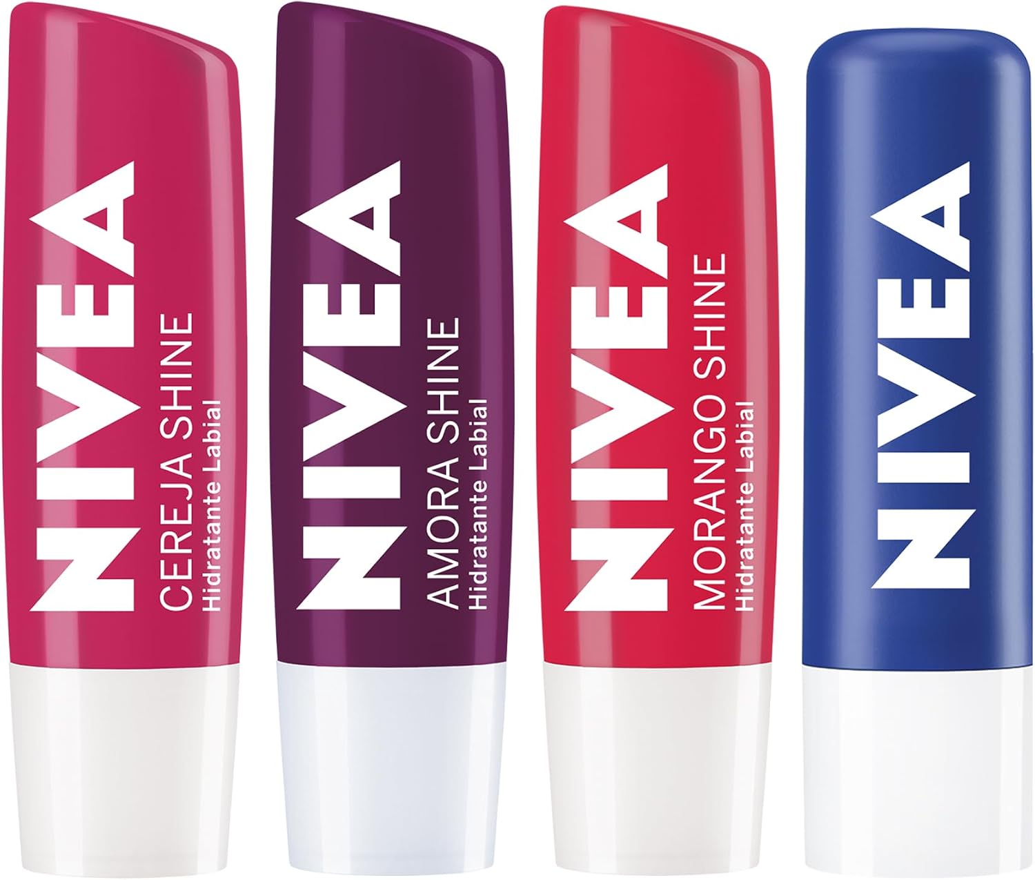 NIVEA KIT Hidratante Labial Original Care (4,8g) + Amora Shine (4,8g) + Cereja Shine (4,8g) + Morango Shine (4,8g), Kit Hidratação Labial
