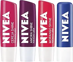 NIVEA KIT Hidratante Labial Original Care (4,8g) + Amora Shine (4,8g) + Cereja Shine (4,8g) + Morango Shine (4,8g), Kit Hidratação Labial