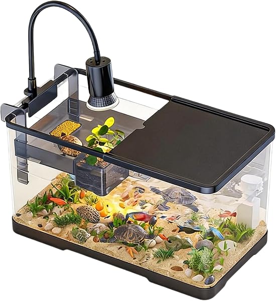 Acquario Tartarughe con Piattaforma Prendisole e Luce, Acquario per Tartarughe con Piattaforma Basking Sospesa, Piccolo Vasca per Tartarughes d'acqua, Terrario per Gamberi Pesci Anfibi e Rettili - 1