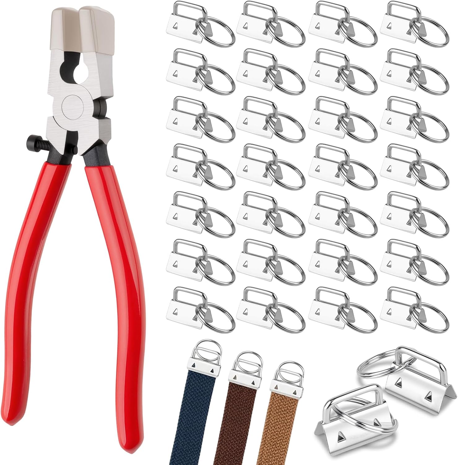 70pcs Key Fob Hardware Set 1 Inch, Key Chain Hardware with Key Fob Pliers, Keychain Making Supplies Kit for Diy Keychain, Wristlet and Lanyard, Sliver