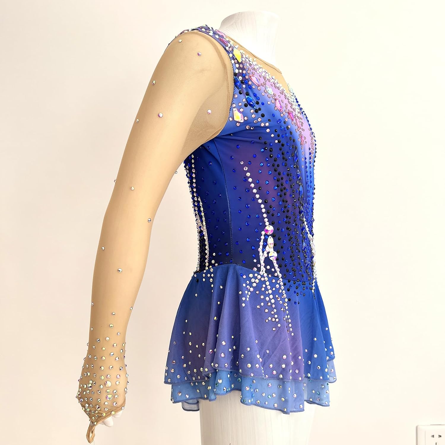 Girls' Blue Long Sleeve Shining Figure Skating Dress Customized Competition Costume