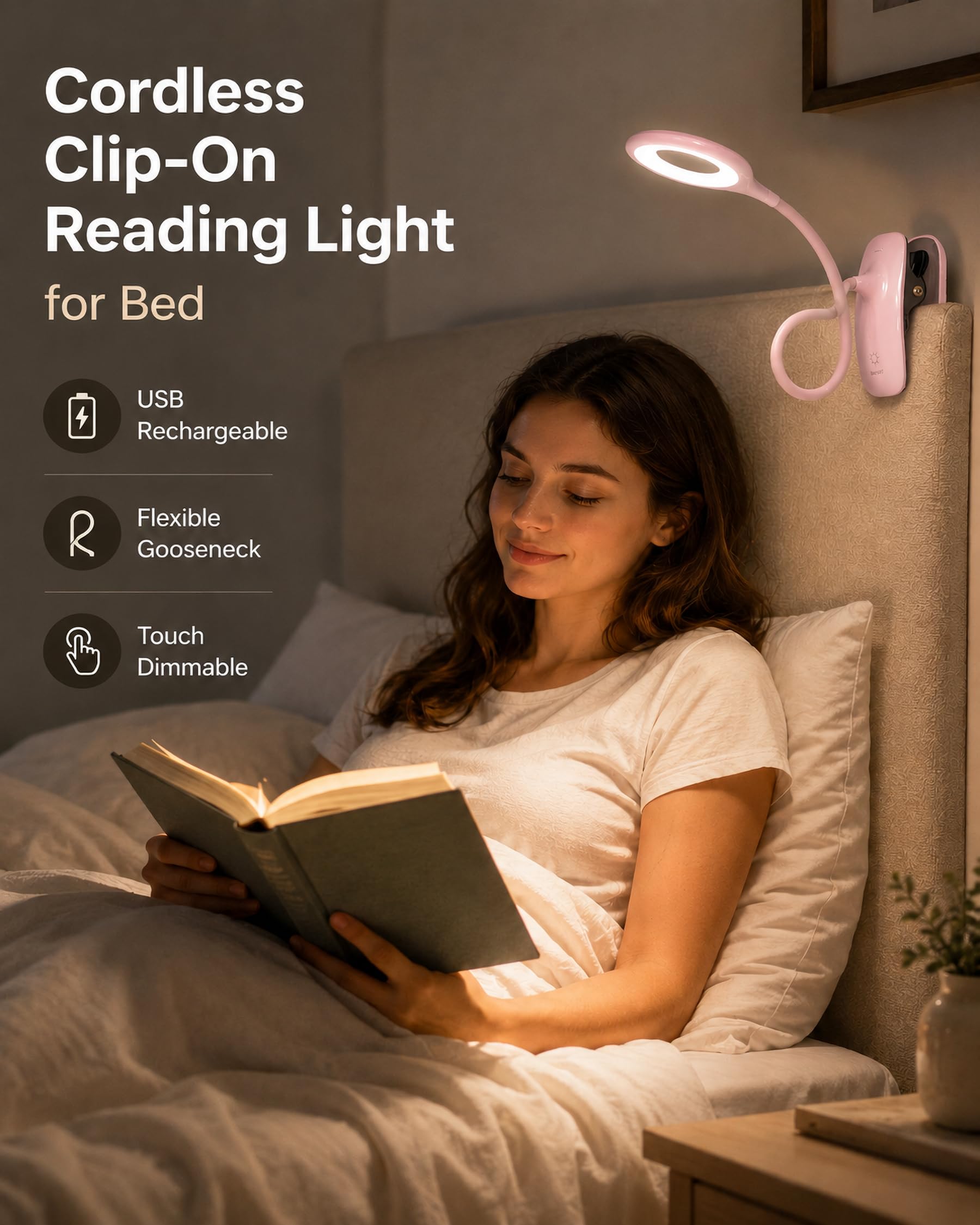 Lampada da lettura a clip, 5 W per testiera del letto, lampada da lettura alimentata a batteria, dimmerabile al tatto, luce da lettura ricaricabile tramite USB, luce a morsetto per braccio