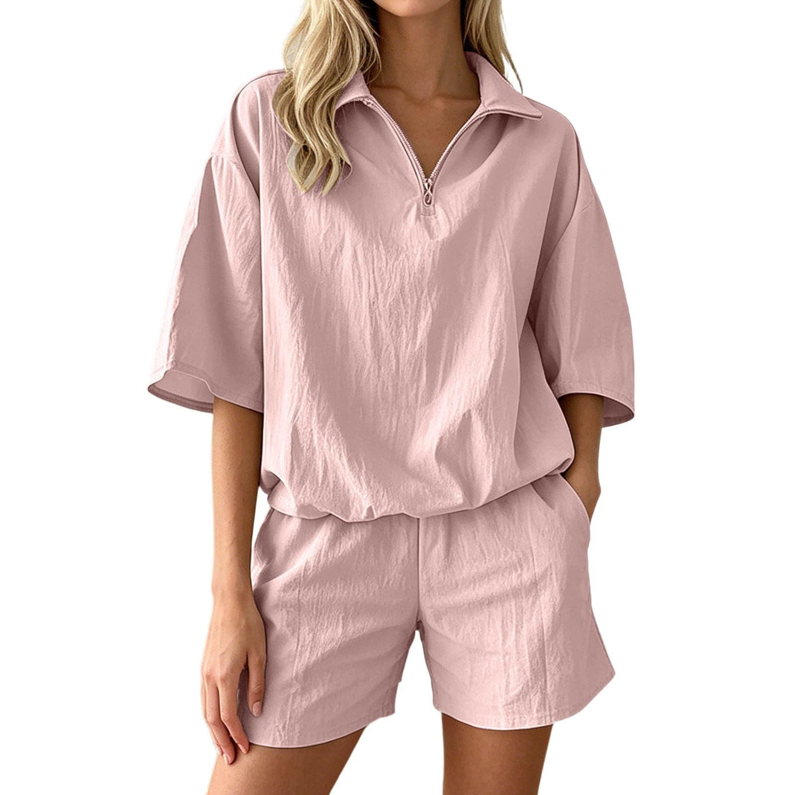 Generisch Tuta estiva da donna alla moda con cerniera frontale, maniche corte e pantaloncini, tessuto leggero per il tempo libero e la vita quotidiana, set traspirante