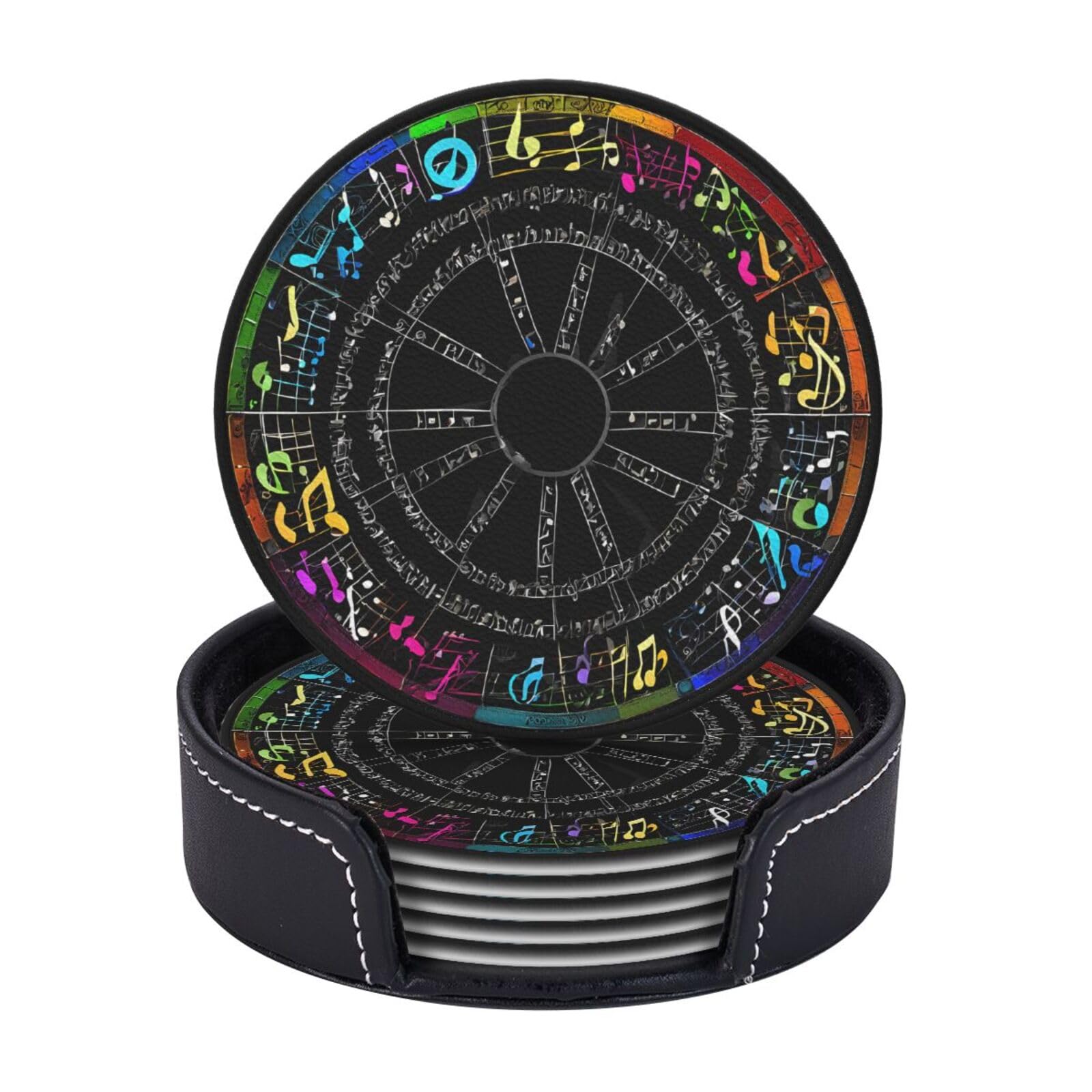 Coasters Set of 6 Microfiber PU leather Coasters with Holders for Drinks Coffee Bar Accessories, House Apartment Coffee Table Decor, Housewarming Gifts - Music Notes