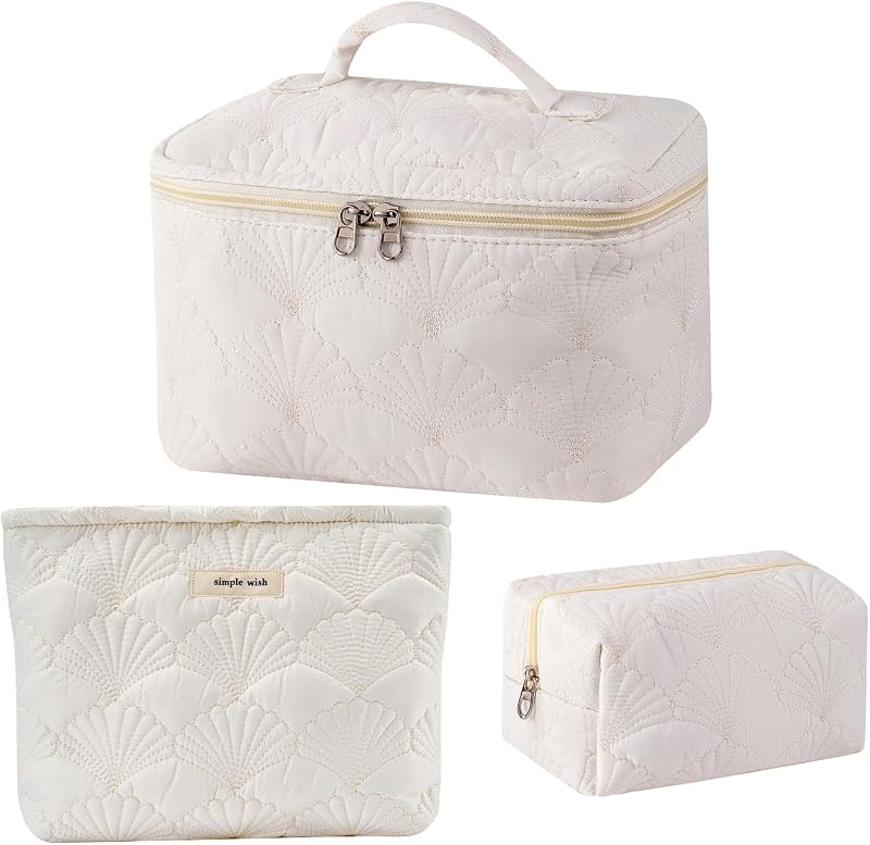 Necessaire de maquiagem matelassê branca com estampa de conchas uekeboag, pacote com 3