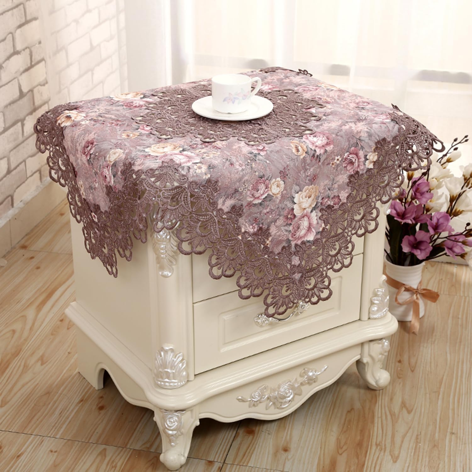 Square Bedside Tablecloth Nightstand Cover Macrame Lace Table Doilies Embroidery Floral Small Tablecloth Polyester Cotton Fabric Table Topper Decor for Wedding Holiday Party Vase Mat Purple 24"x24"