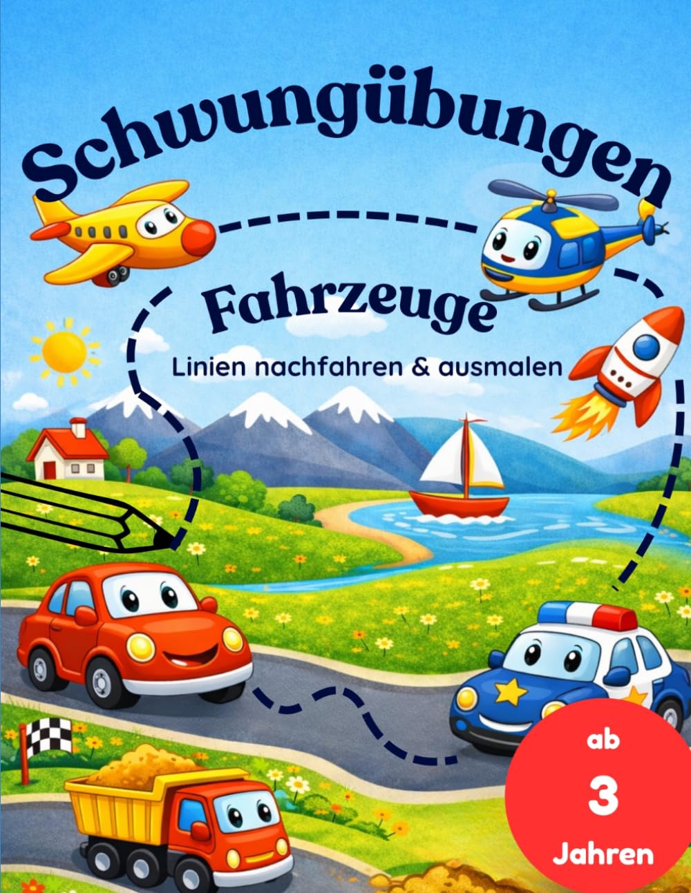 Schwungübungen Fahrzeuge ab 3 Jahren: Linien nachfahren & ausmalen - Förderung der Feinmotorik für Kinder ab 3 Jahren