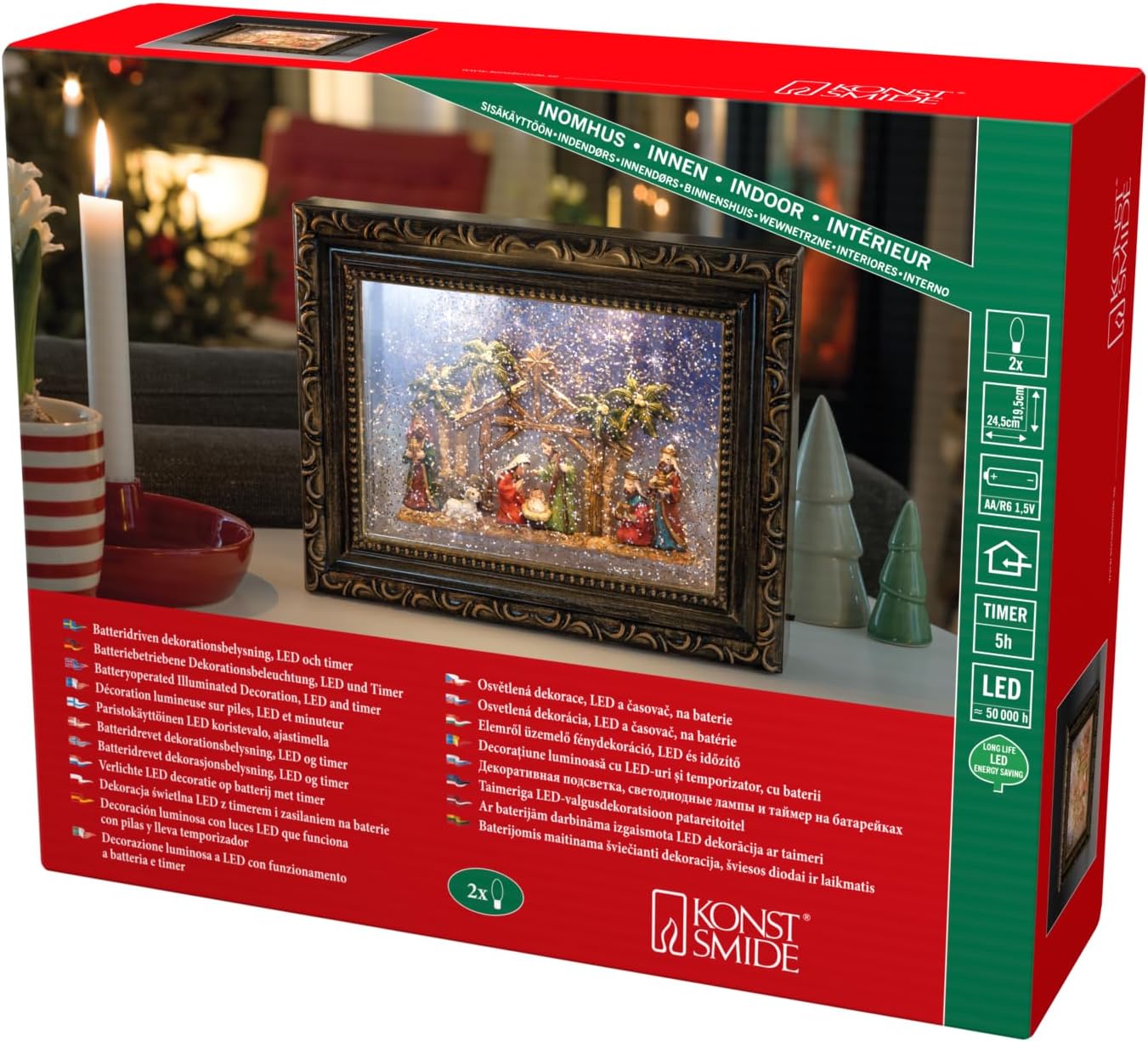 Konstsmide 4358-000 LED Snow Globe Picture Frame "Nativity Scene",2 Warm White Diodes, Brown, 19.5 cm*4.0 cm*24.5 cm