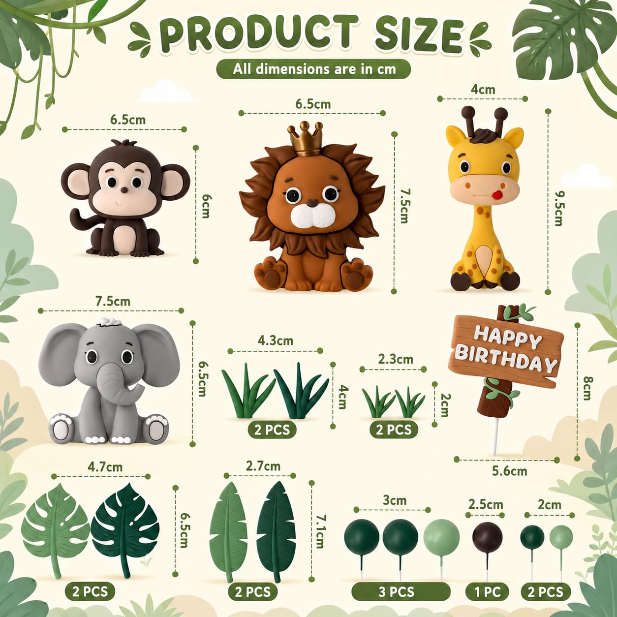 Dekoracja na tort, dżungla, safari, 19 sztuk, na urodziny dziecka, lew, żyrafa, małpa i słoń, idealna dekoracja na imprezę tematyczną safari, baby shower i urodziny, zwierzęta urodzinowe