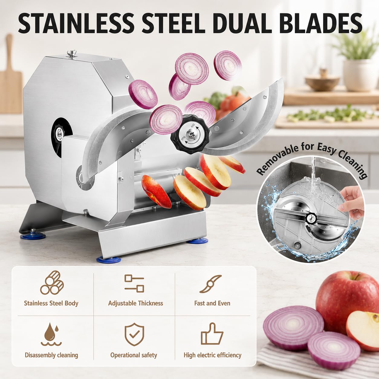 Kommerzieller elektrischer Gemüseschneider, 0–10 mm verstellbar, 75 kg/h | Edelstahlschneider mit abnehmbaren Komponenten zum Schneiden von Tomaten, Zwiebeln, Kartoffeln, Kohl und anderem Gemüse.
