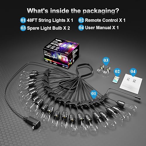 Miniatura 7 de Tira de luces impermeables para exteriores, 48 pies, luz LED de patio exterior con 20 bombillas, control remoto RGBW luces exteriores para casa,