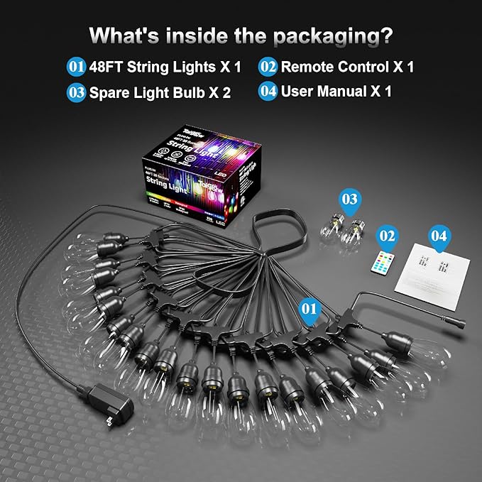 Luces de Cadena Exteriores LED Color Cambiante 48FT 20 Bombillas miniatura 7