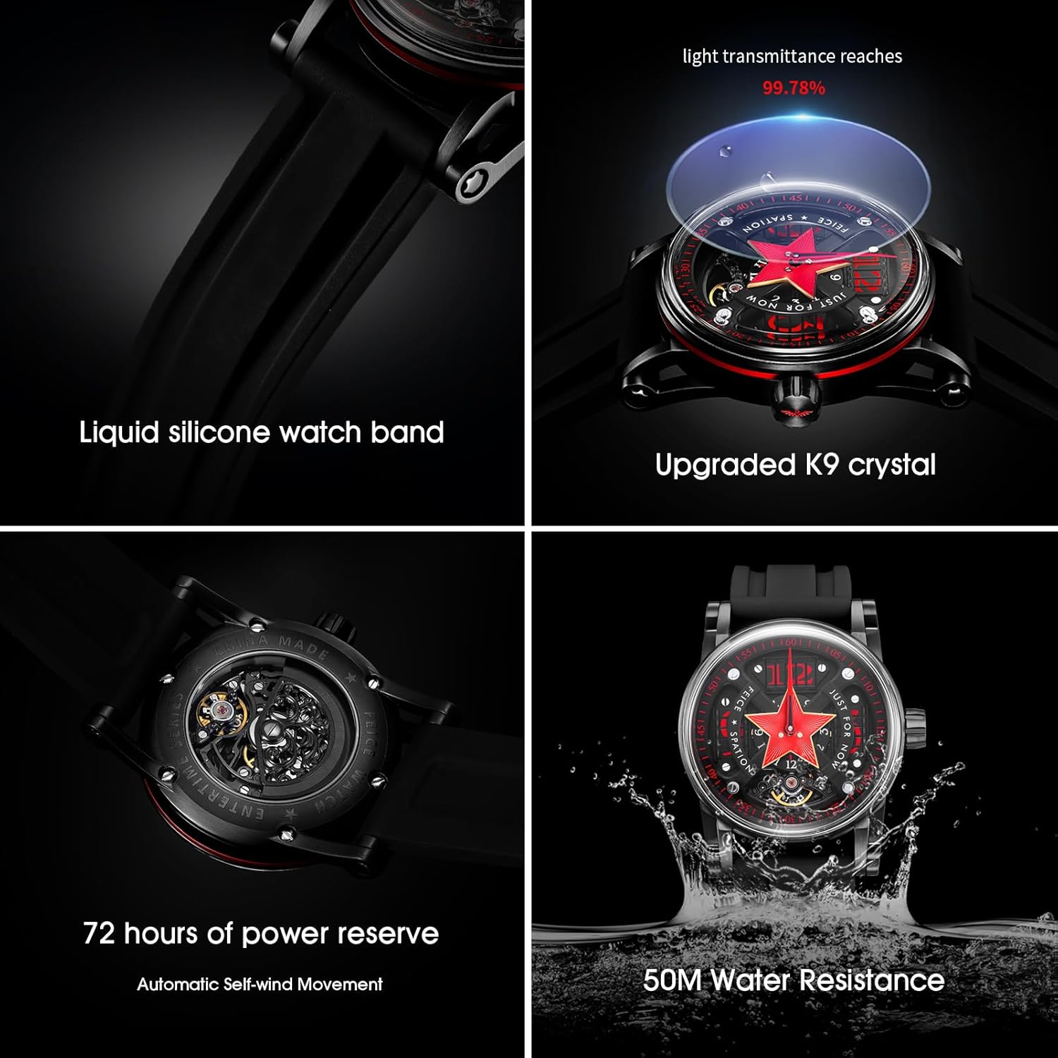 FEICE FM502 Watches for Men Automatic Mechanical Watch Skeleton Titanium Steel 50M Waterproof Mens Wristwatch Luminous Analog Watches No Battery Silicone Strap,Collector's Edition Watch.