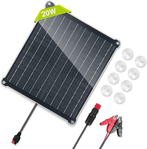 Newpowa Cargador solar de batería de coche de 20 W, mantenedor de 20 W, 12 V, impermeable, cargador de goteo solar para motocicleta, coche, barco,