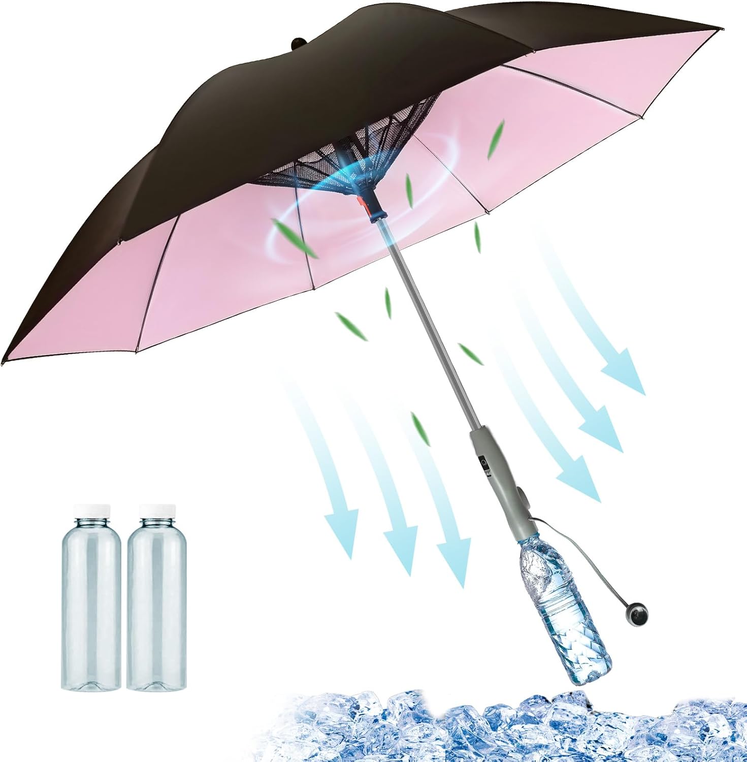 Umbrella with Fan and Mist Spray - 3 in 1 UV Blocking with Fan and Mister, Includes Water Bottle, USB Rechargeable Cooling Sun Umbrella for Heat Protection, Beach, Golf, Patio
