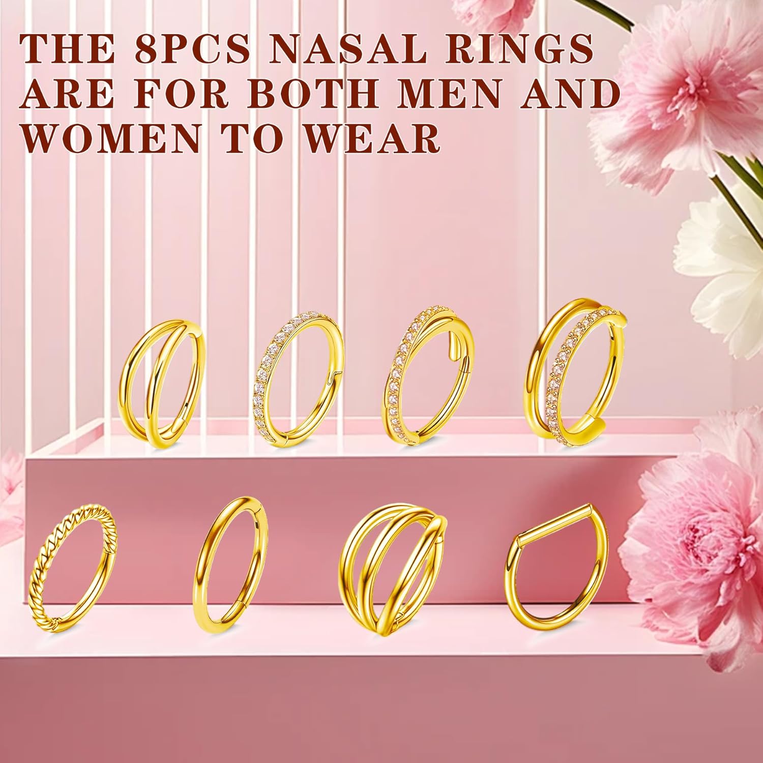 8 Pcs Nose Rings Hoops 316L Surgical Steel Septum Rings CZ Opal Twisted Clicker Nose Rings Hoop Helix Cartilage Daith Tragus Sleeper Earrings Body Piercing for Women Men Silver Gold Hinged Segment Septum jewelry 8mm/10mm - Image 4