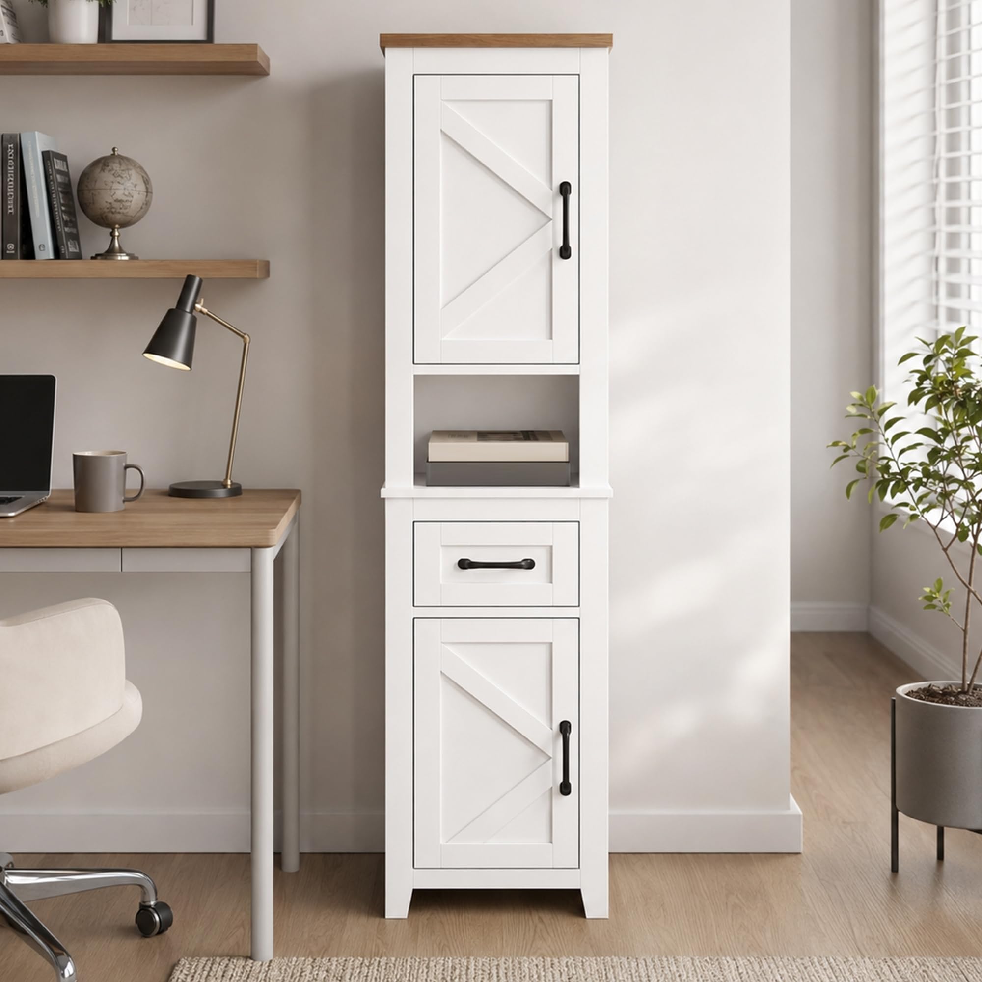 HOMCOM Armario de Baño Alto Mueble de Baño Estrecho 34,5x30x148 cm Blanco | Cajón, Estante Abierto, Puertas y Estantes Ajustables, Estilo Rústico