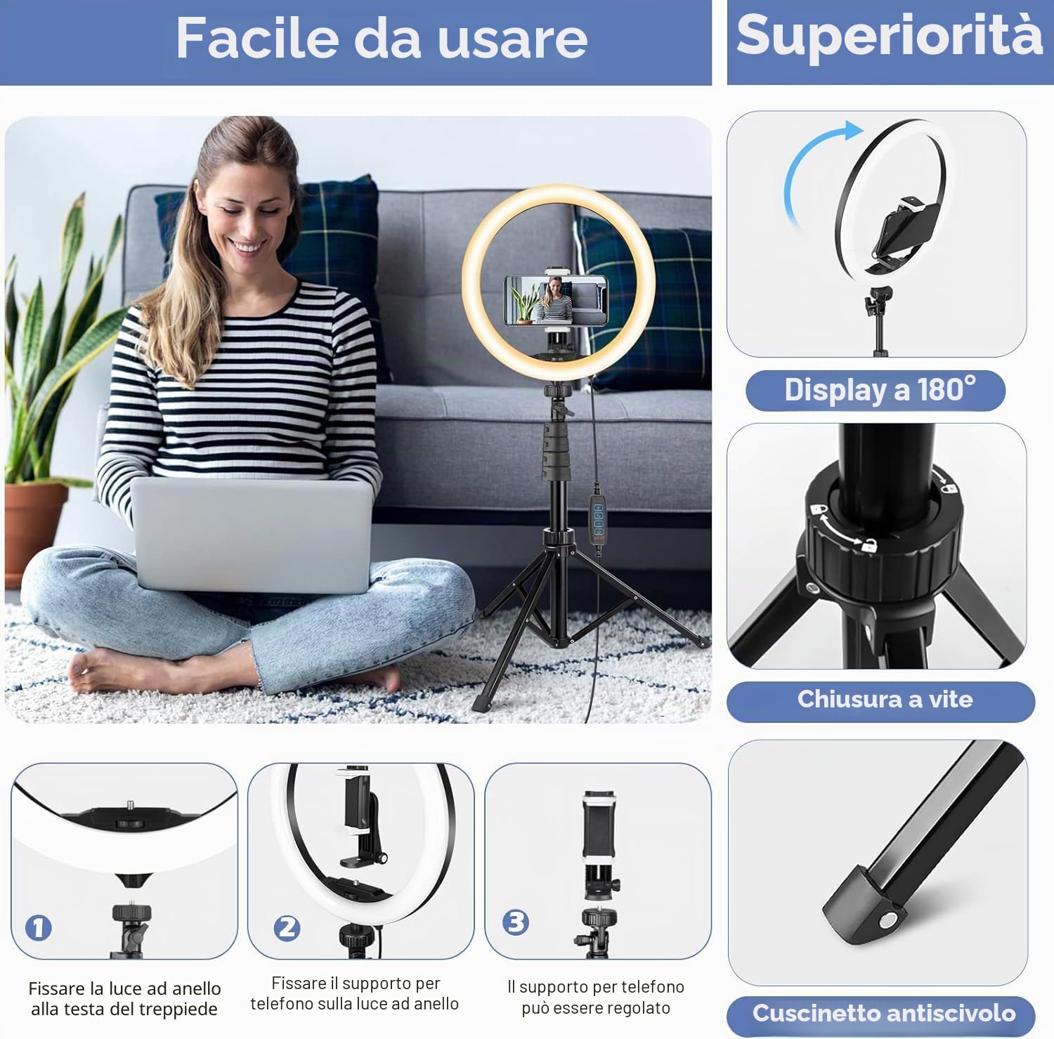 UBeesize Anello Luce con Treppiede, 12 Pollice Selfie Anello Luce con 62 Pollice Treppiede Stand per Live Stream/Trucco/YouTube Video/Fotografia