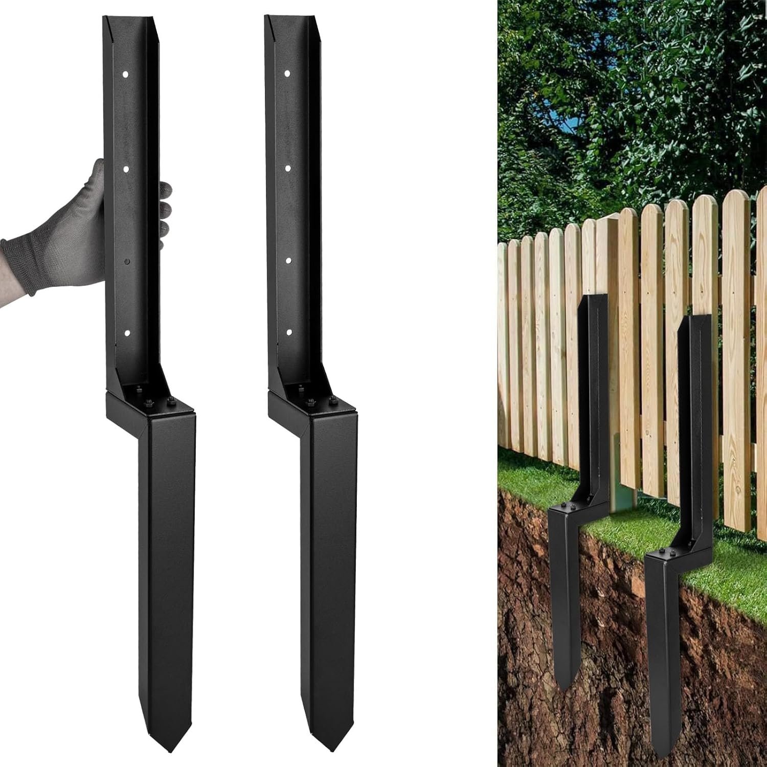 2 Pcs Fence Post Repair Kit Adjustable Angle Metal Sturdy Ground Stakes for Repairing Tilted and Broken Wooden Fence(2pack-Black)