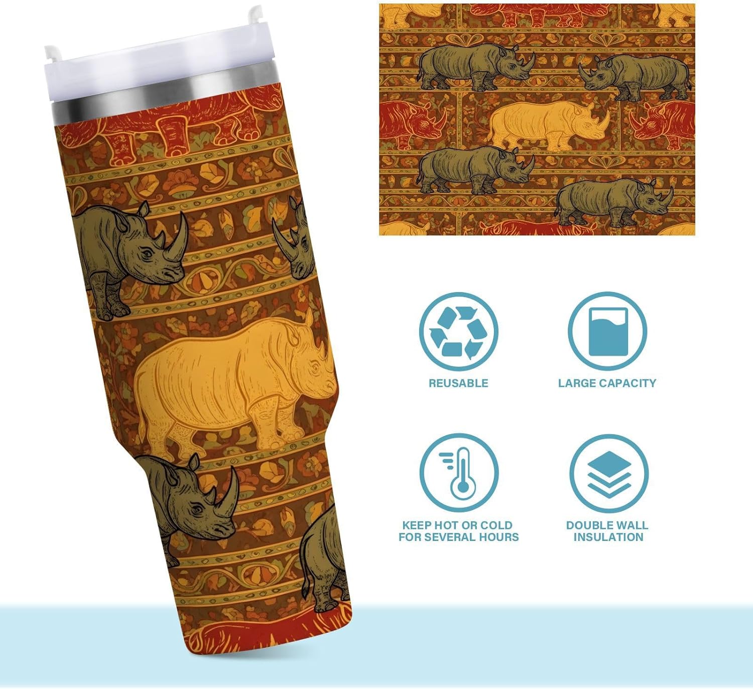 40 oz tumbler with handle and straw Rhino Pattern on Fabric Design Stainless Steel Tumbler Leakproof Water Bottle Vacuum Insulated Cups With Lid Travel Mug For Car Cup Holder,