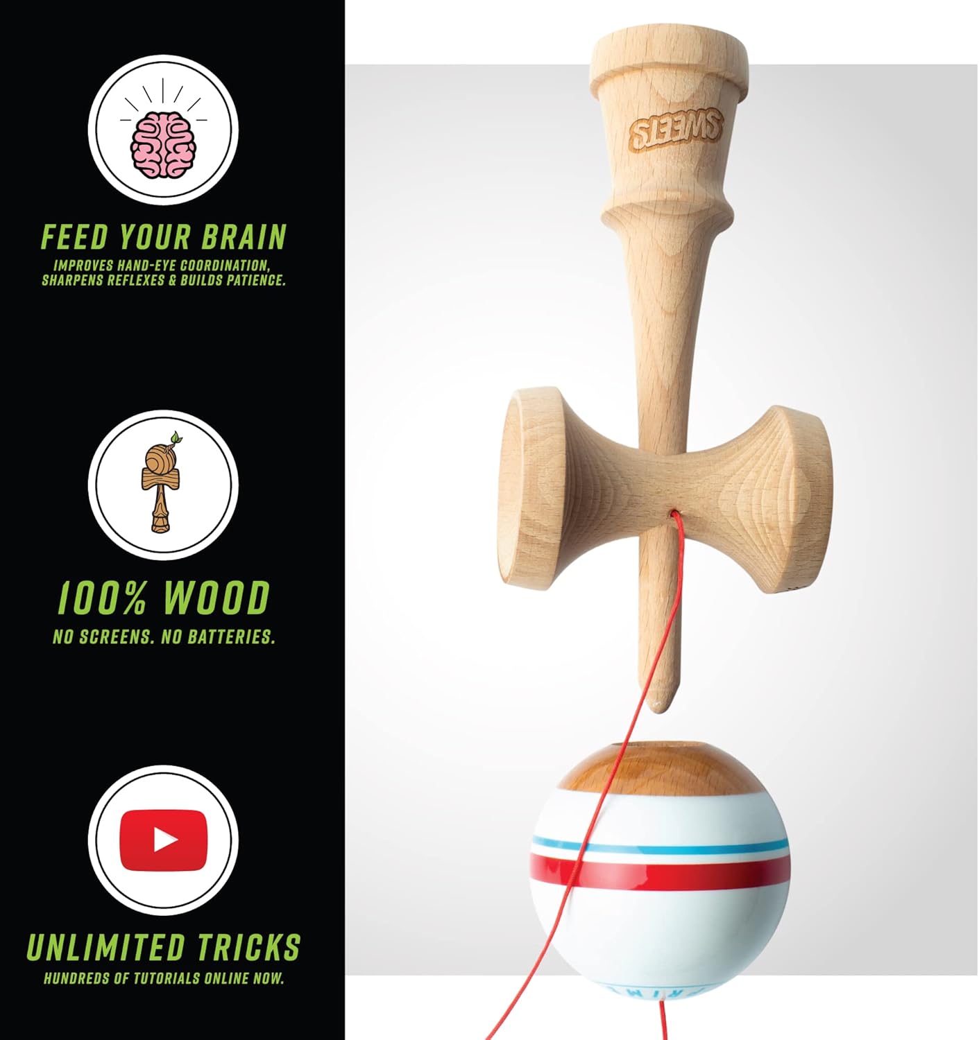 Sweets Kendamas Boost Sport Stripe Kendama - Sticky Paint, Improves Hand Eye Coordination, Reflexes, Stripe Design, Extra String Accessory Gift Bundle (Racer)