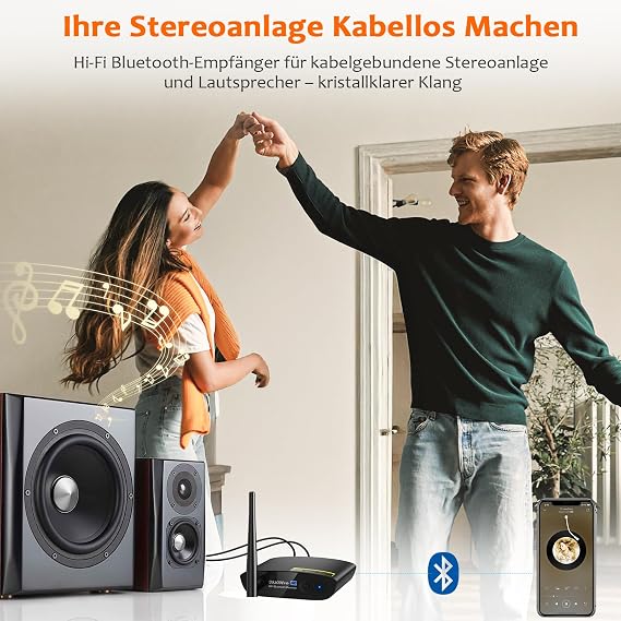 1Mii HiFi Bluetooth Empfänger 5.3 LDAC & aptX HD Audio Adapter mit 384kHz/32bit DAC Große Reichweite Hi-Res Wireless Receiver Optisch/RCA für Stereoanlage & Verstärker – Schwarz