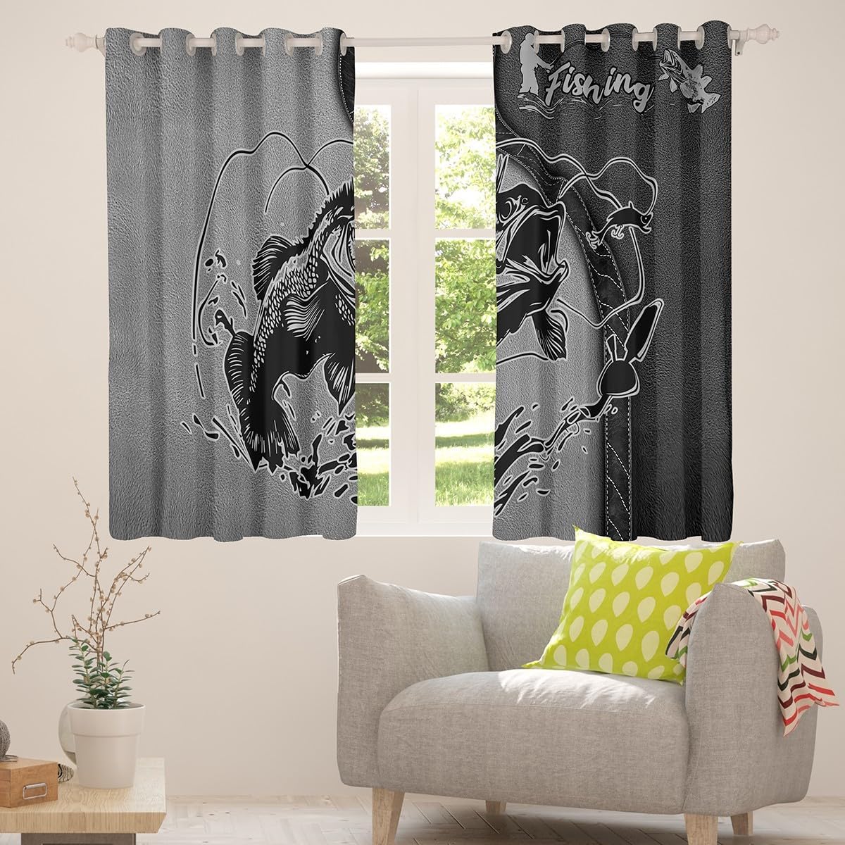 Manfei Fishing Window Drapes Block 30%-50% Light,Fisherman Lake House Rustic Black Gray Patchwork Kitchen Window Treatments 42Wx63L Inches,Fishing Rod Pike Bass Fish Graffiti Window Curtains