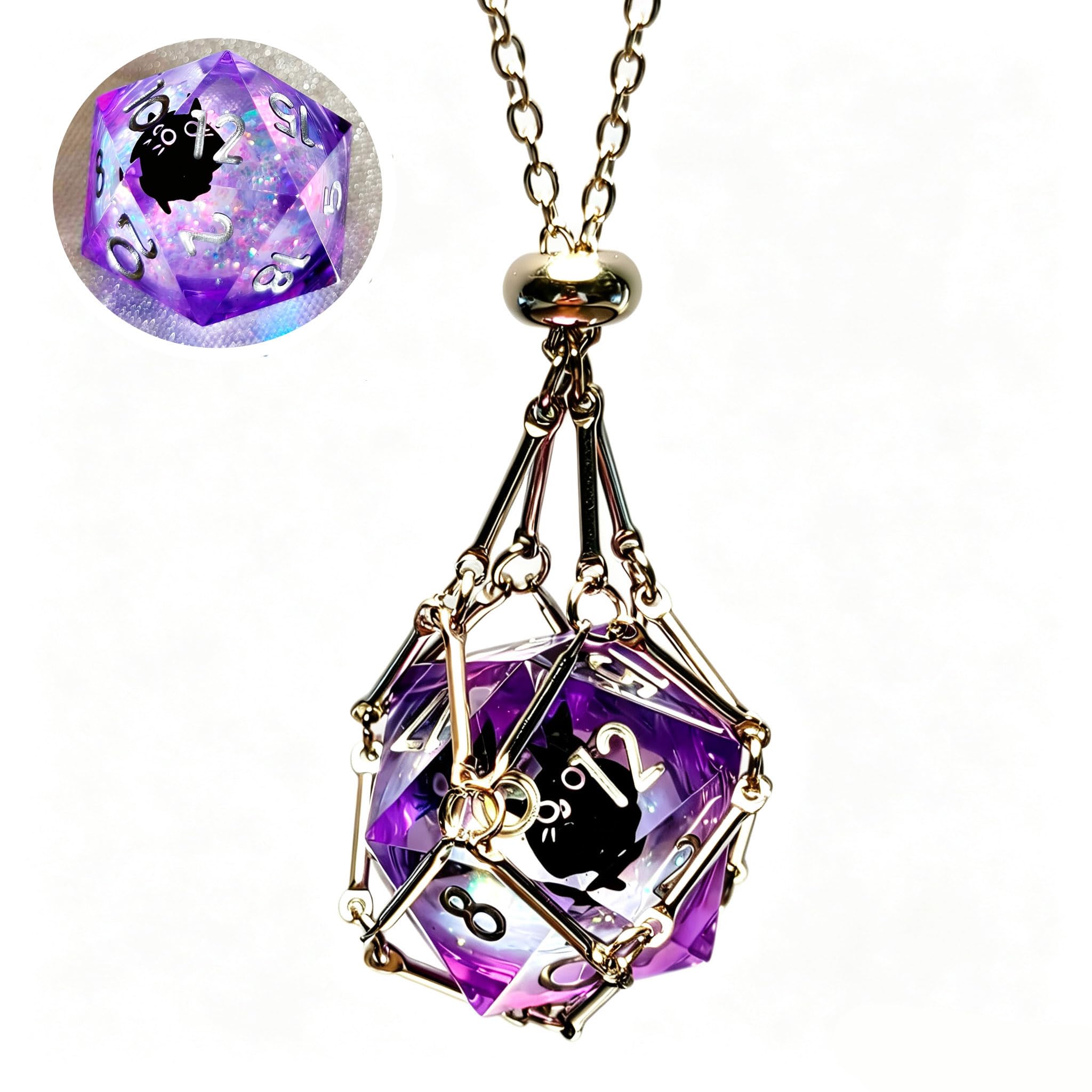 DND D20 Liquid Core Dice Necklace - Interchangeable Stainless Steel Cage for d&d Dice，Dice Pendant DND Gift for Dungeon Master, D&D Player and RPG Gamer (Purple + Cat)