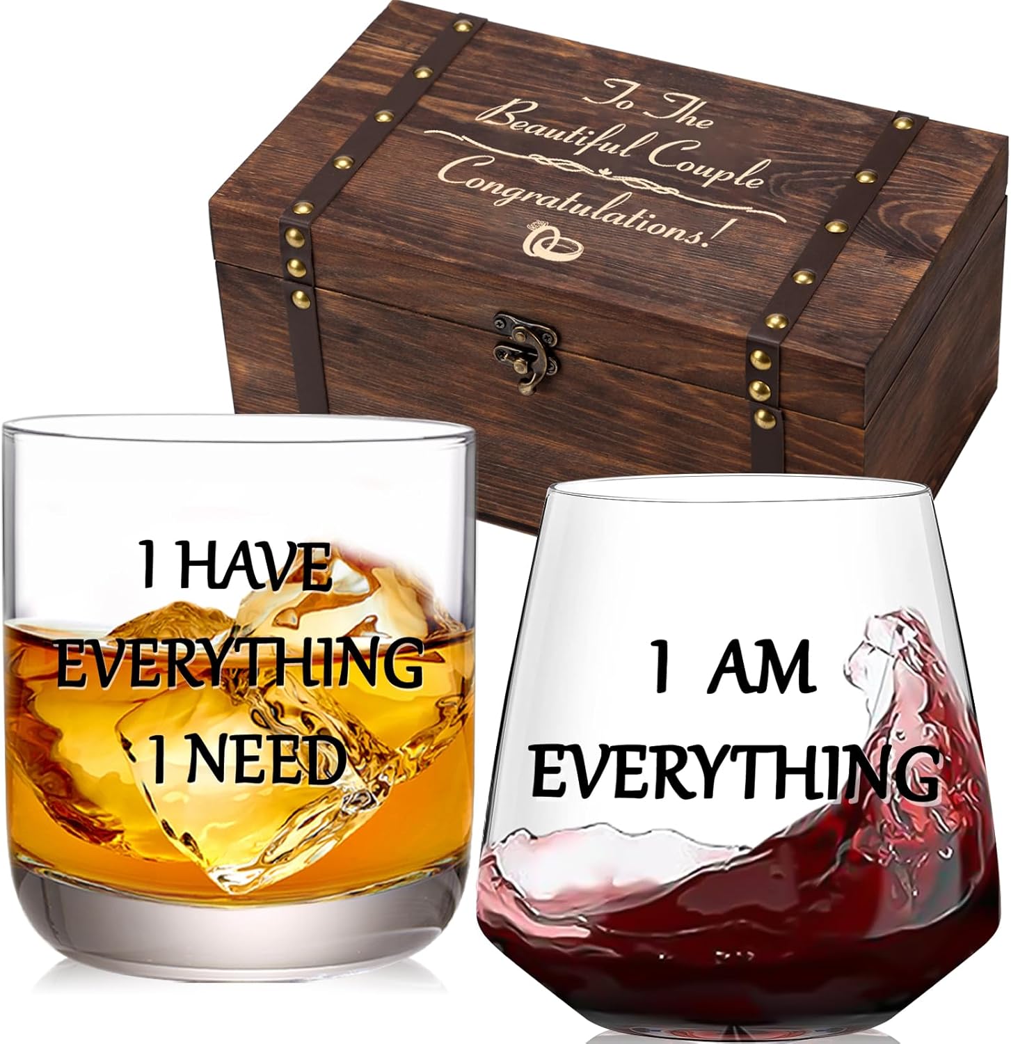 I Have Everything I Need I Am Everything Drinking Set of 2, Wooden Memory Box, Wedding Gifts for Couples, Bridal Shower Gifts, Mr and Mrs Gift, Engagement Couple Drinking Glass for Him Her