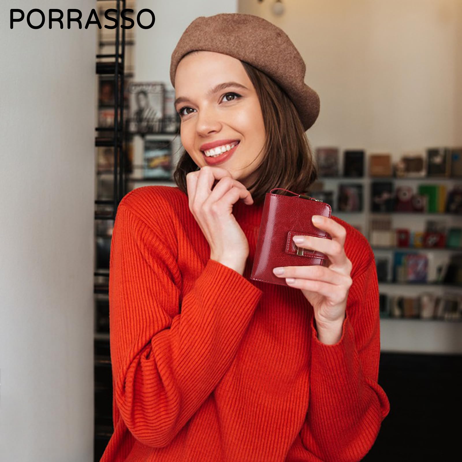 Cartera de Mujer Moda Monedero RFID Bloqueo Tarjetero para Tarjetas Piel Auténtica Billetero con 11 Ranuras para Tarjetas Wallet Rojo